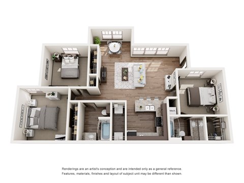 Floor plan for 3 beds, 2 baths, 1197 sqft